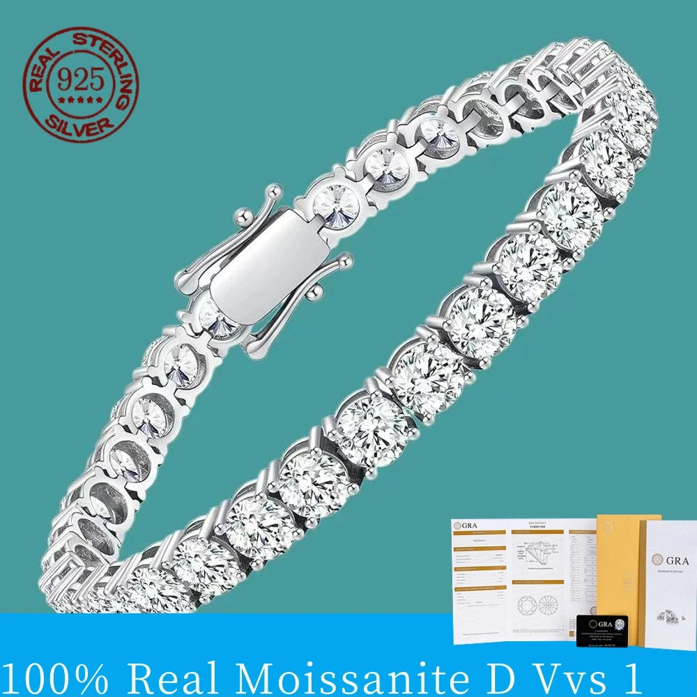 Silver bracelet with moissanite stones on a teal background, featuring 'Real Sterling Silver' and '100% Real Moissanite D Vvs 1' text.