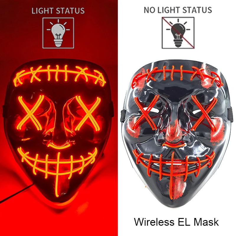 Drahtlose Neon-LED-Reinigungsmaske, im Dunkeln leuchtende Cosplay-Horrormaske, Halloween-Maskerade-Partymasken, leuchtende, lustige Verkleidung