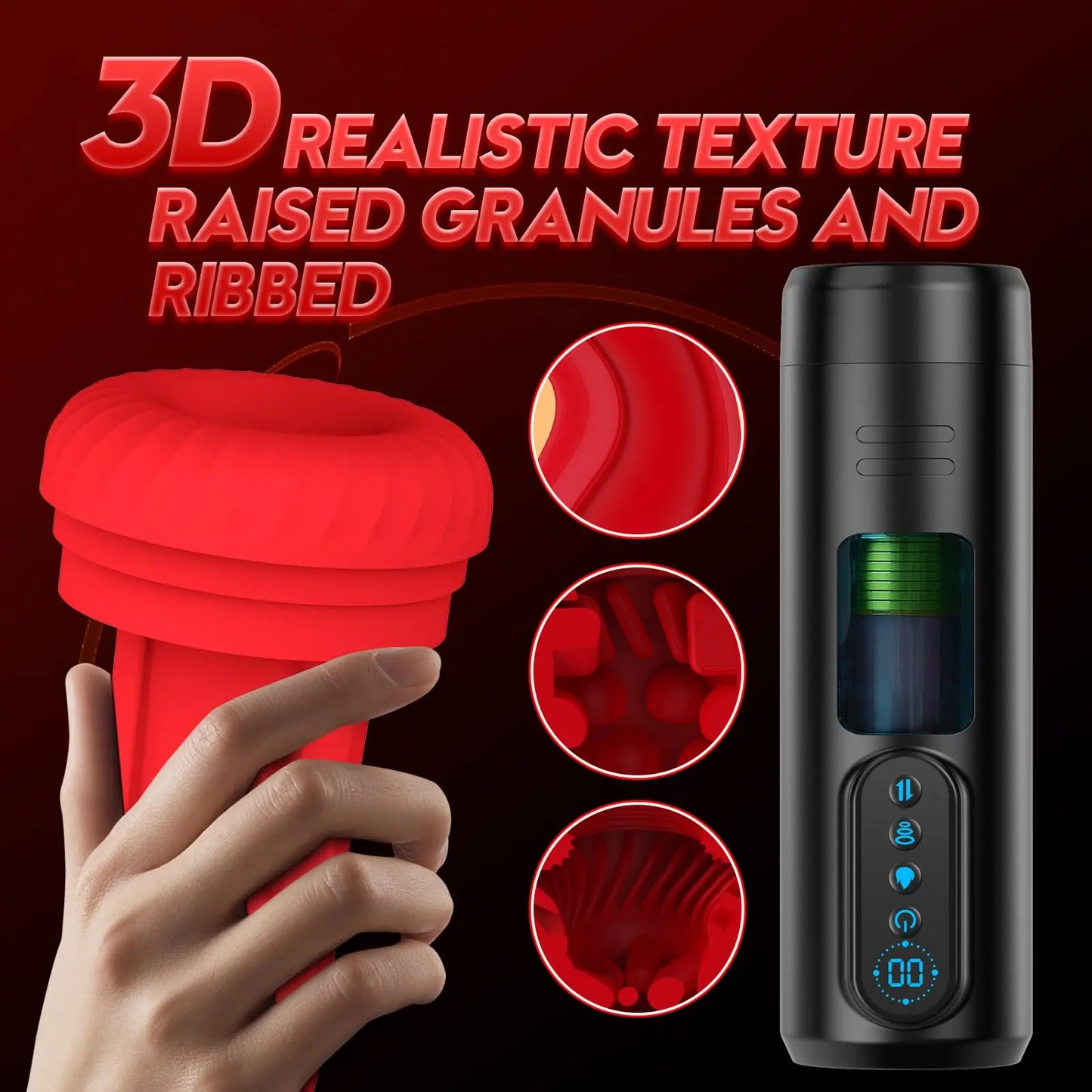 Red textured container held by a hand with close-up details, black electronic device on dark background