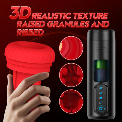 Red textured container held by a hand with close-up details, black electronic device on dark background