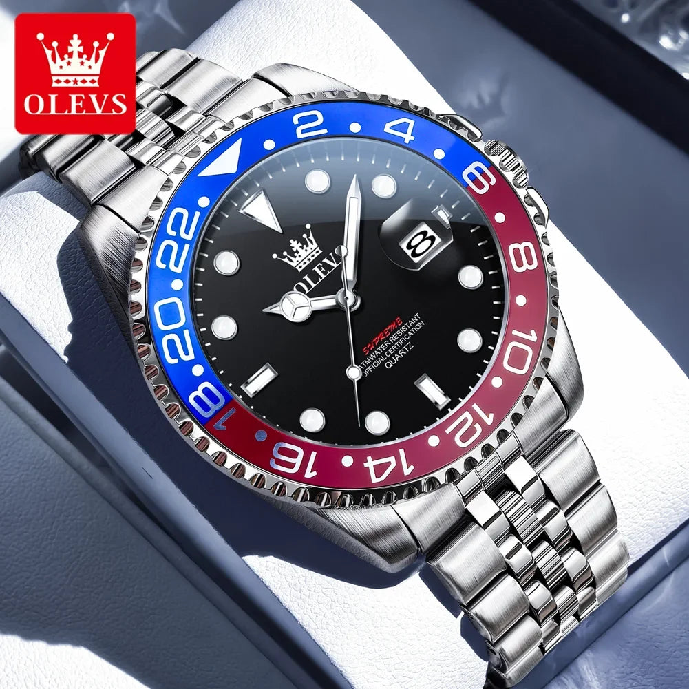 Silver watch with a black face, red and blue accents, on a white surface with OLEVS branding.