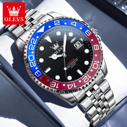 Silver watch with a black face, red and blue accents, on a white surface with OLEVS branding.