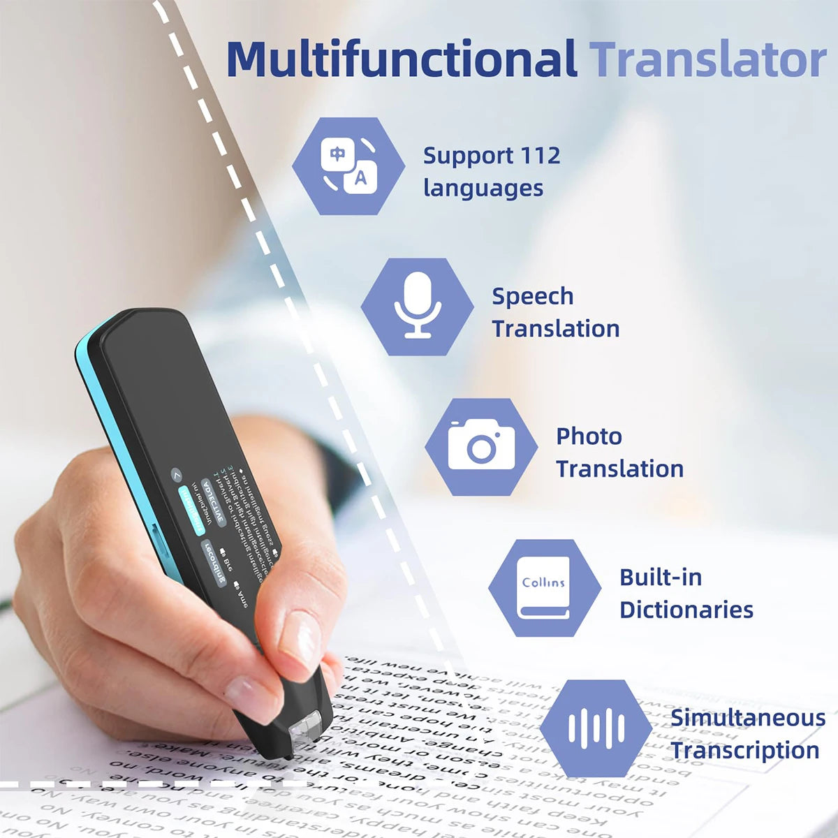 Multifunctional translator device held by a hand with text highlighting features on a blurred background