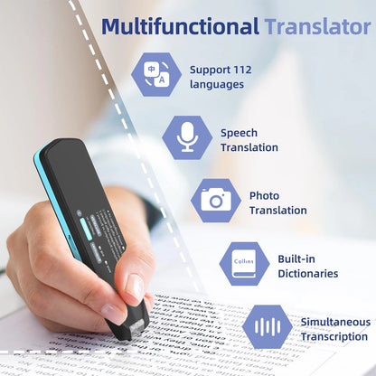 Multifunctional translator device held by a hand with text highlighting features on a blurred background