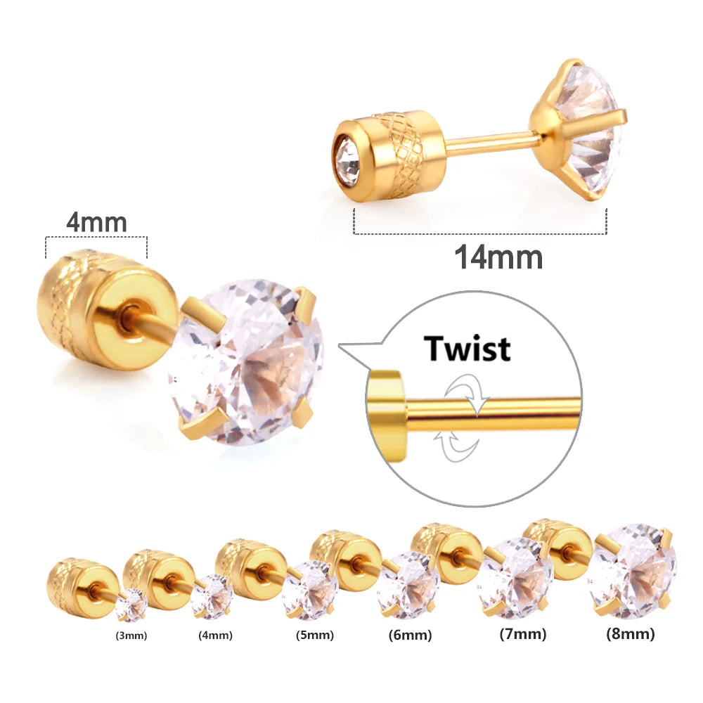 LUXUSTEEL 1Pairs/2Pcs Stainless Steel Crystal Studs Earrings For Women Men 4 Prong Tragus Round Clear Cubic Zirconia Ear Jewelry