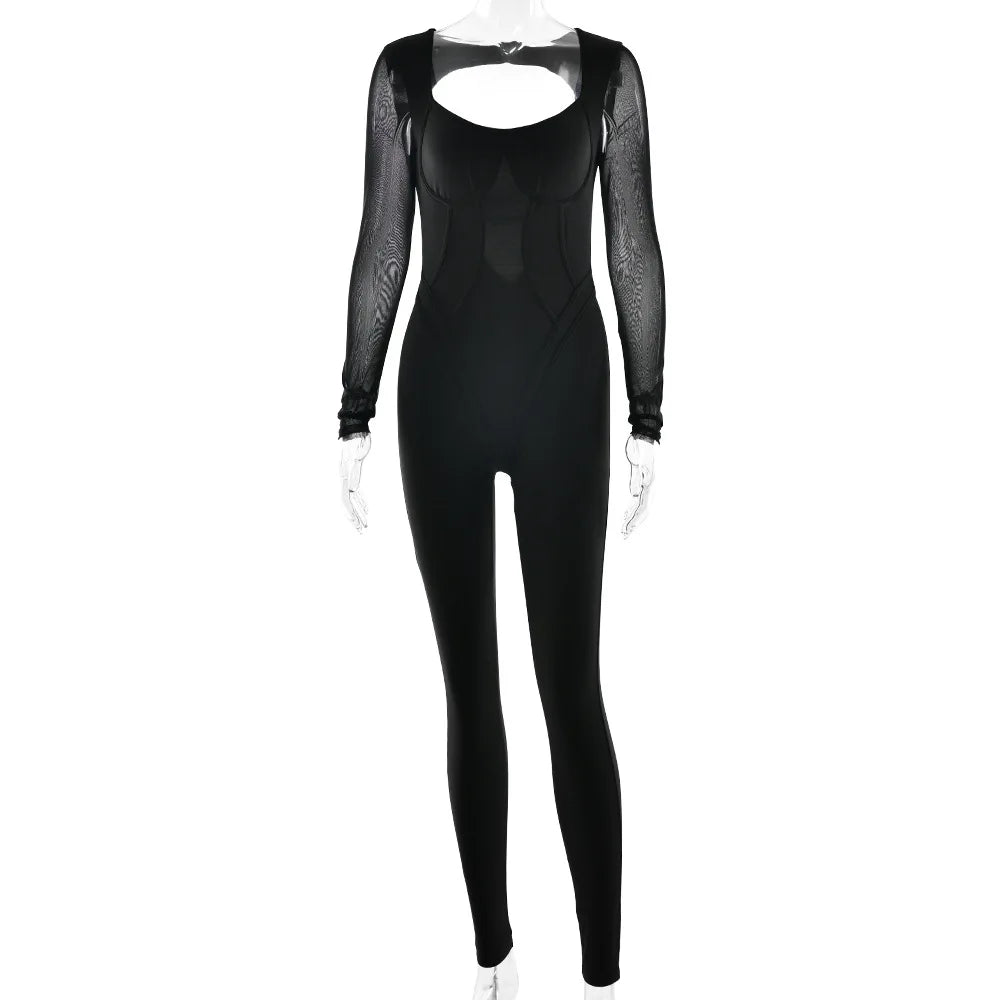 Chic Backless Sports Jumpsuits Women Long Sleeve Hollow Out Sports Yoga Bodysuit Female High Waist Tunics One Piece Gym Overalls