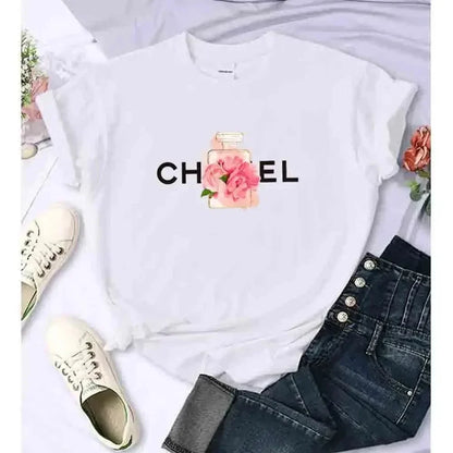 Fashion Women's Summer T-Shirt Alphabet Flower Perfume Shirt Fashion Printed Pattern T-Shirt Brand Short Sleeve Top