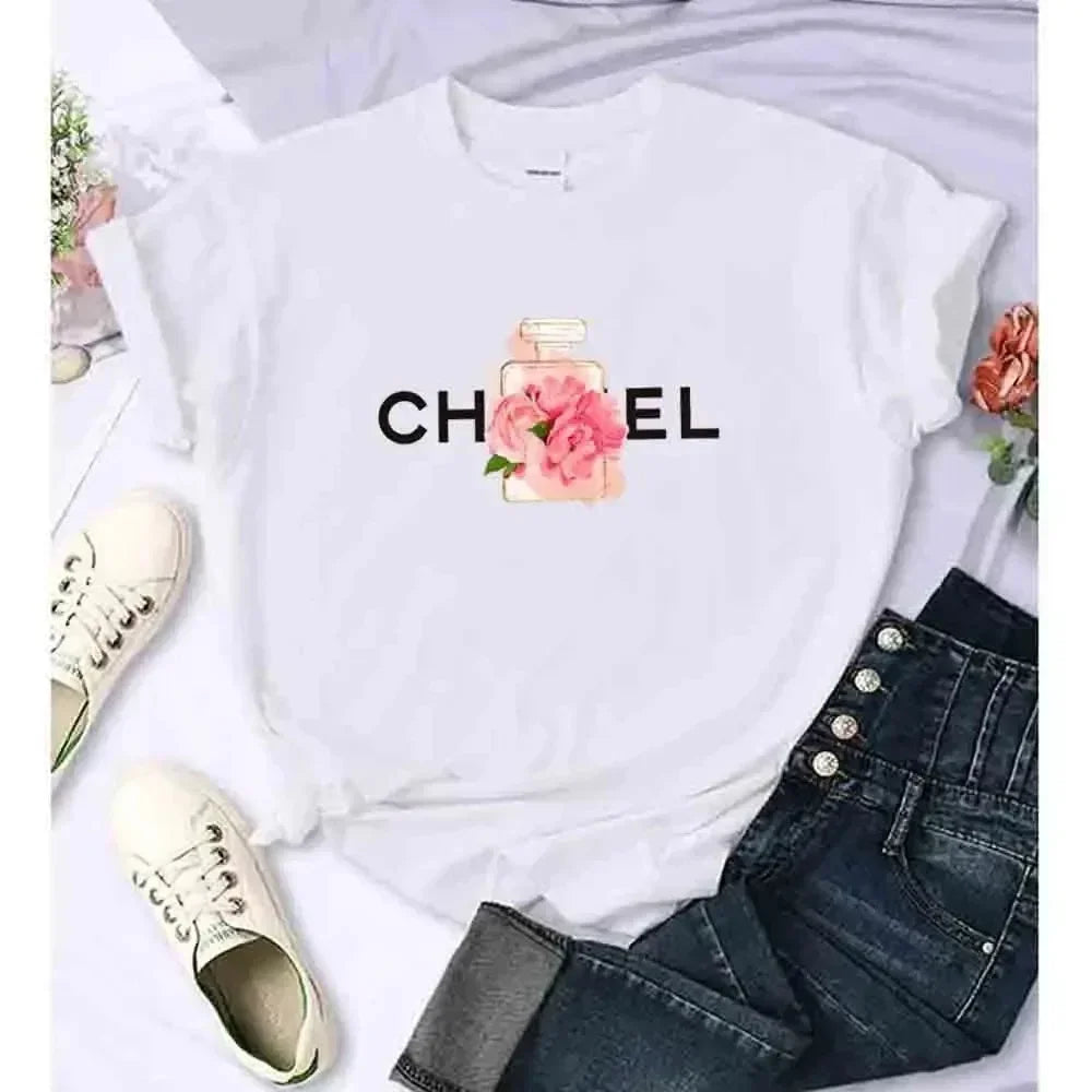 Fashion Women's Summer T-Shirt Alphabet Flower Perfume Shirt Fashion Printed Pattern T-Shirt Brand Short Sleeve Top