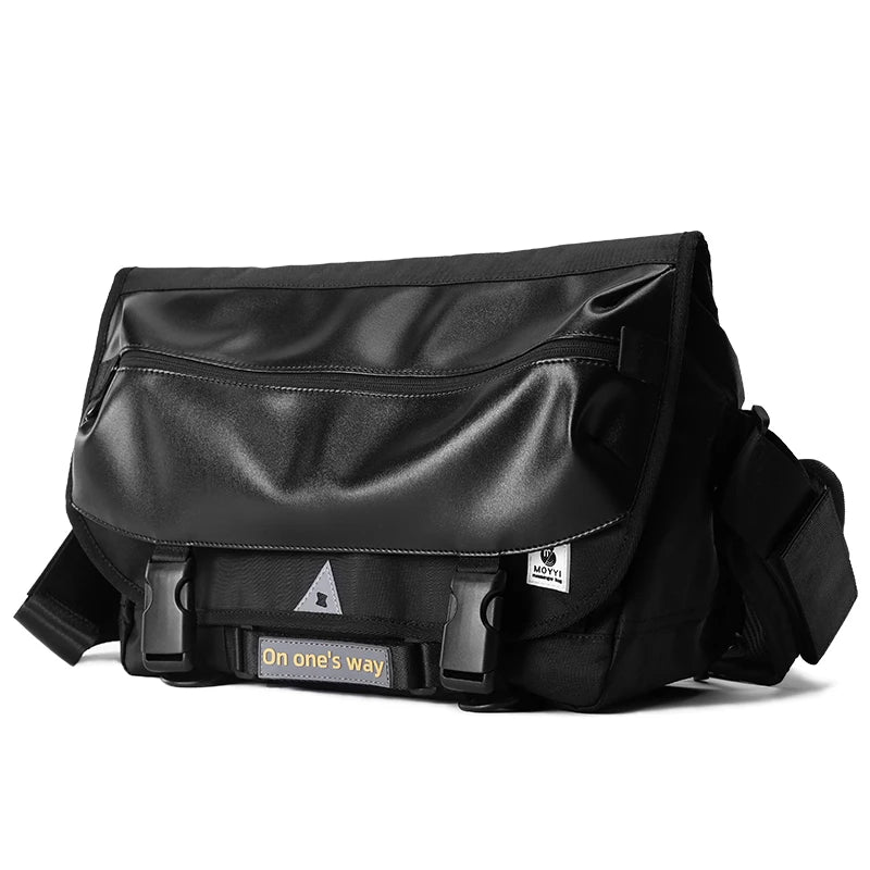 Black leather bag with visible branding on a white background
