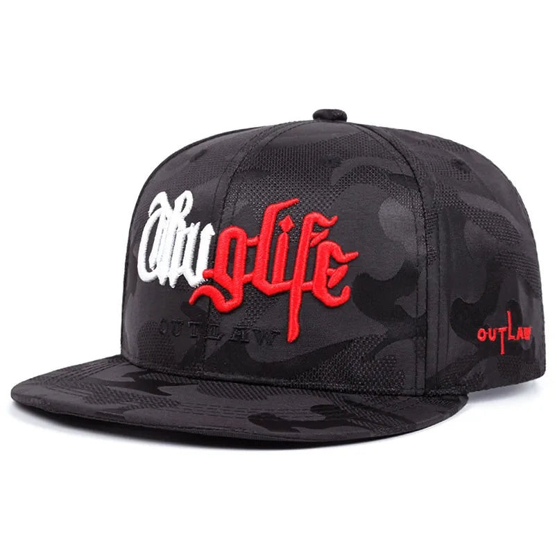 Black camouflage cap with 'City Life' text in white and red on a white background