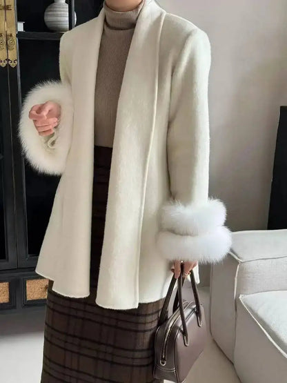 UCXQ Eleganter OL Business-Mantel Pelz-Patchwork Langarm Wollmantel Schöne Damenbekleidung Jacke Herbst 2025 Winter