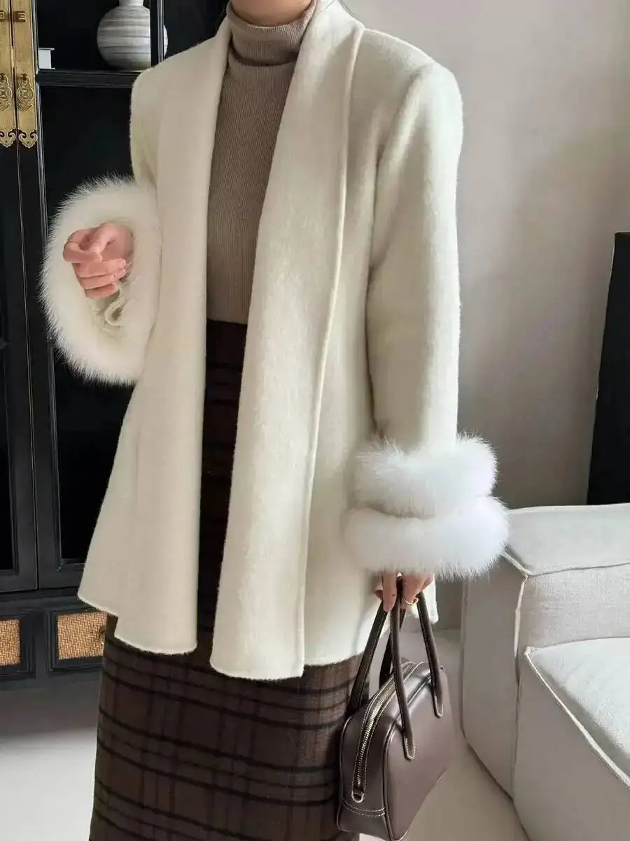 UCXQ Eleganter OL Business-Mantel Pelz-Patchwork Langarm Wollmantel Schöne Damenbekleidung Jacke Herbst 2025 Winter