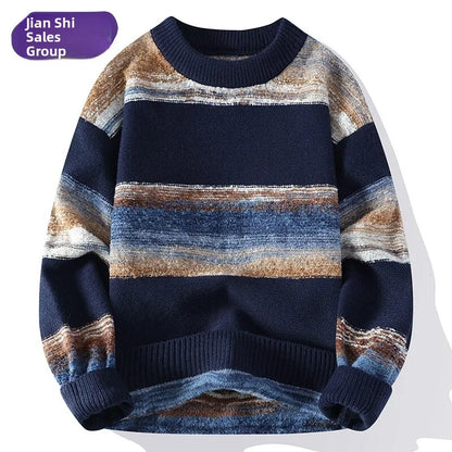 Laid-ba Sle Men's Knitted Sweater round Ne adient Color Stripes Base Layer Winter Faion Casual Youthful Ci Life