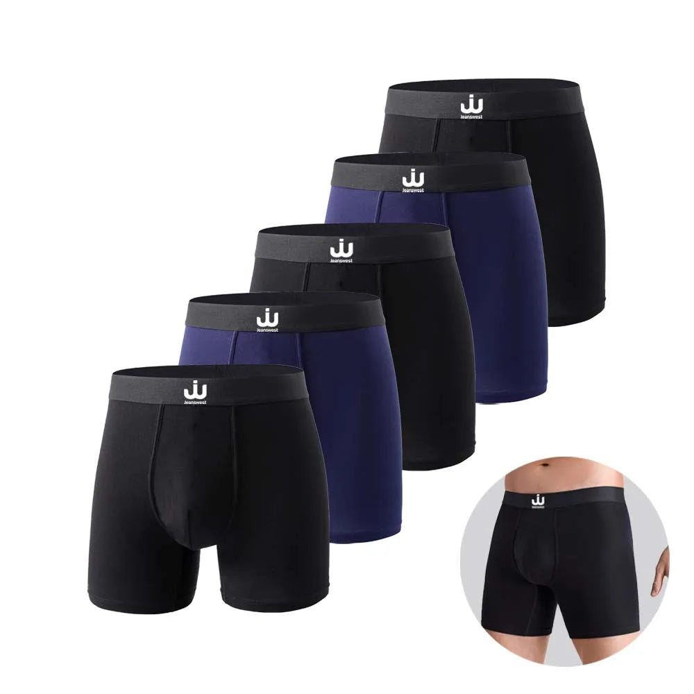 Set of black and navy boxer briefs with a brand logo on a white background.