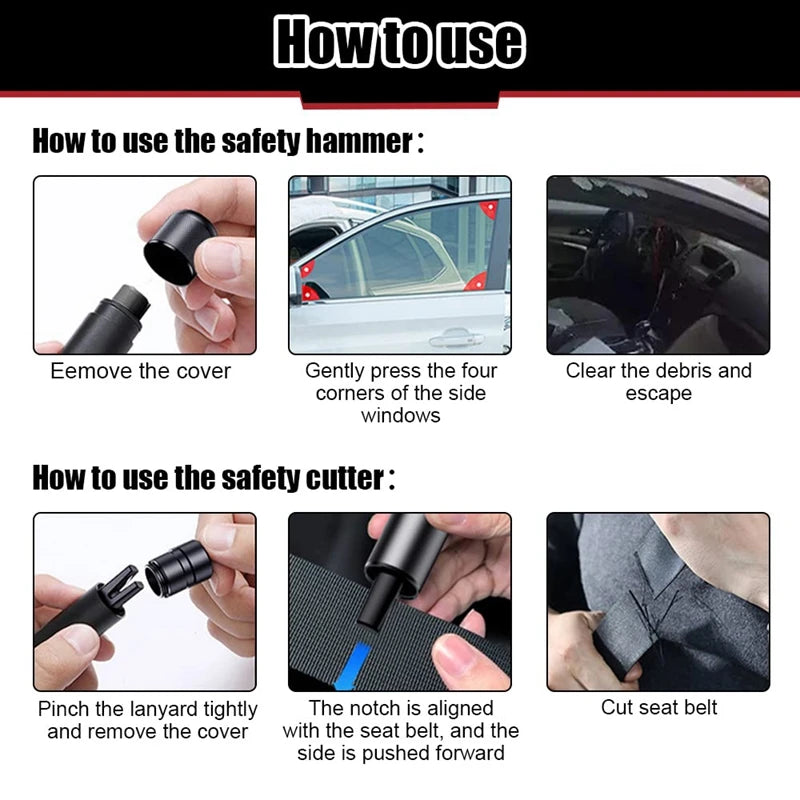 Car Safety Hammer Emergency Glass Breaker Seat Belt Cutter High Hardness Tungsten Steel 2in1 Rescue Tool Auto Accessories