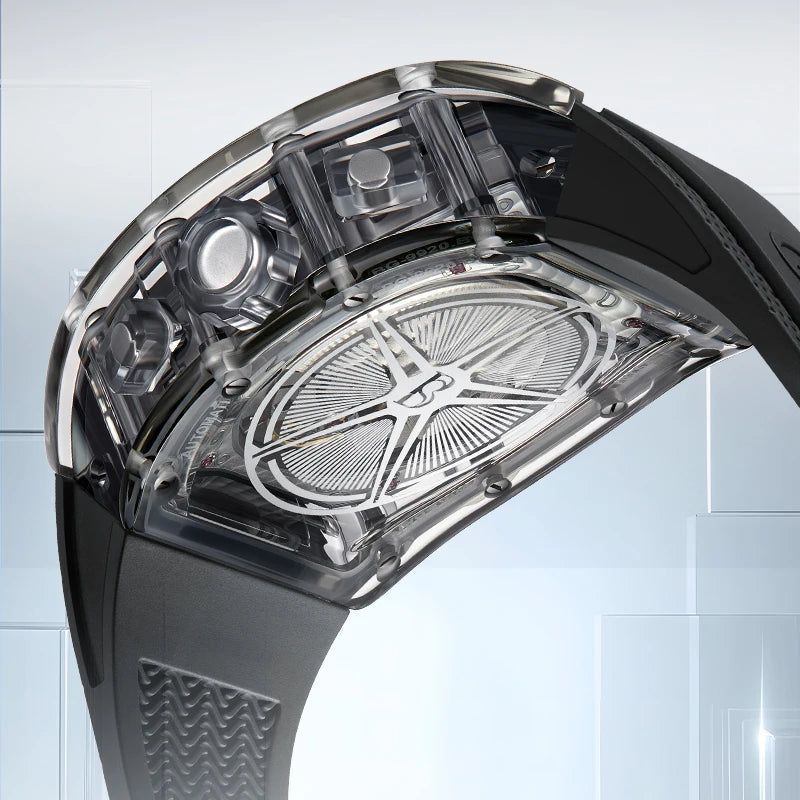 Close-up of a high-tech watch with intricate design on a light blue background