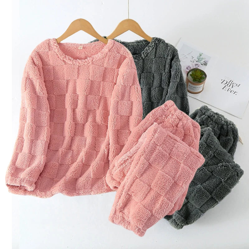 Autumn Winter Plaid O-Neck Pullover Top Loose Elastic Waist Trousers Sets Women's Pajamas Set 2 Pieces Woman Nightwear Sleepwear