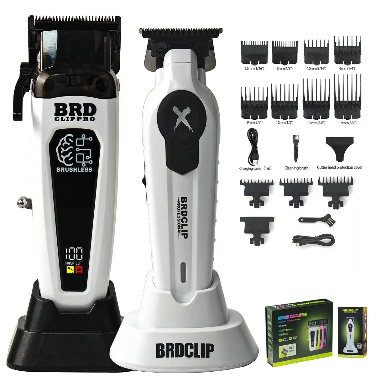 Hair clippers with attachments and BRDCLIP branding on a white background