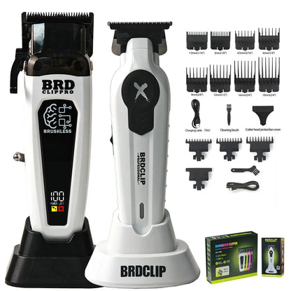 Hair clippers with attachments and BRDCLIP branding on a white background