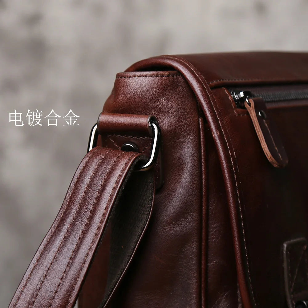 NZPJ Men's Retro Genuine Leather Shoulder Bag Top Layer Cowhide Large Capacity Slant Cross Business Casual Versatile Tablet Bag