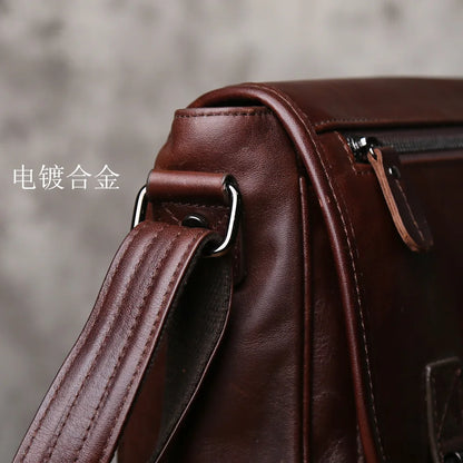 NZPJ Men's Retro Genuine Leather Shoulder Bag Top Layer Cowhide Large Capacity Slant Cross Business Casual Versatile Tablet Bag
