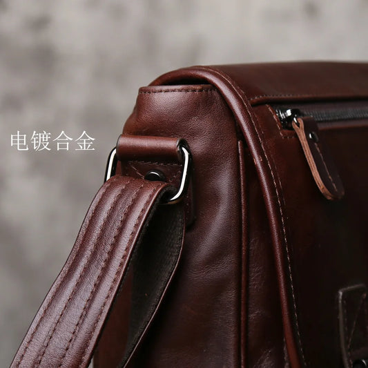 NZPJ Men's Retro Genuine Leather Shoulder Bag Top Layer Cowhide Large Capacity Slant Cross Business Casual Versatile Tablet Bag