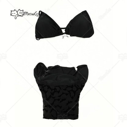 Gothic Black Bat One Piece Swimsuit – Sheer Bodysuit with Bikini Top