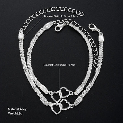 2 Pcs Set Love Heart Couple Bracelets for Women Men Silver Color Double Layer Matching Chain Bracelet Lover Jewelry Gift