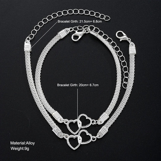 2 Pcs Set Love Heart Couple Bracelets for Women Men Silver Color Double Layer Matching Chain Bracelet Lover Jewelry Gift