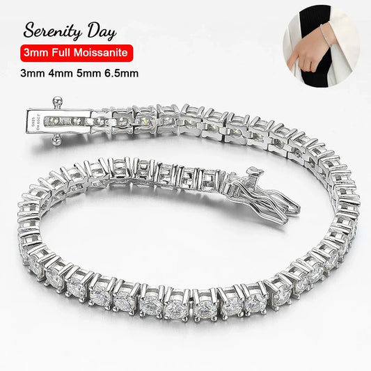 Silver bracelet with clear stones on a white background, featuring 'Serenity Day' branding.