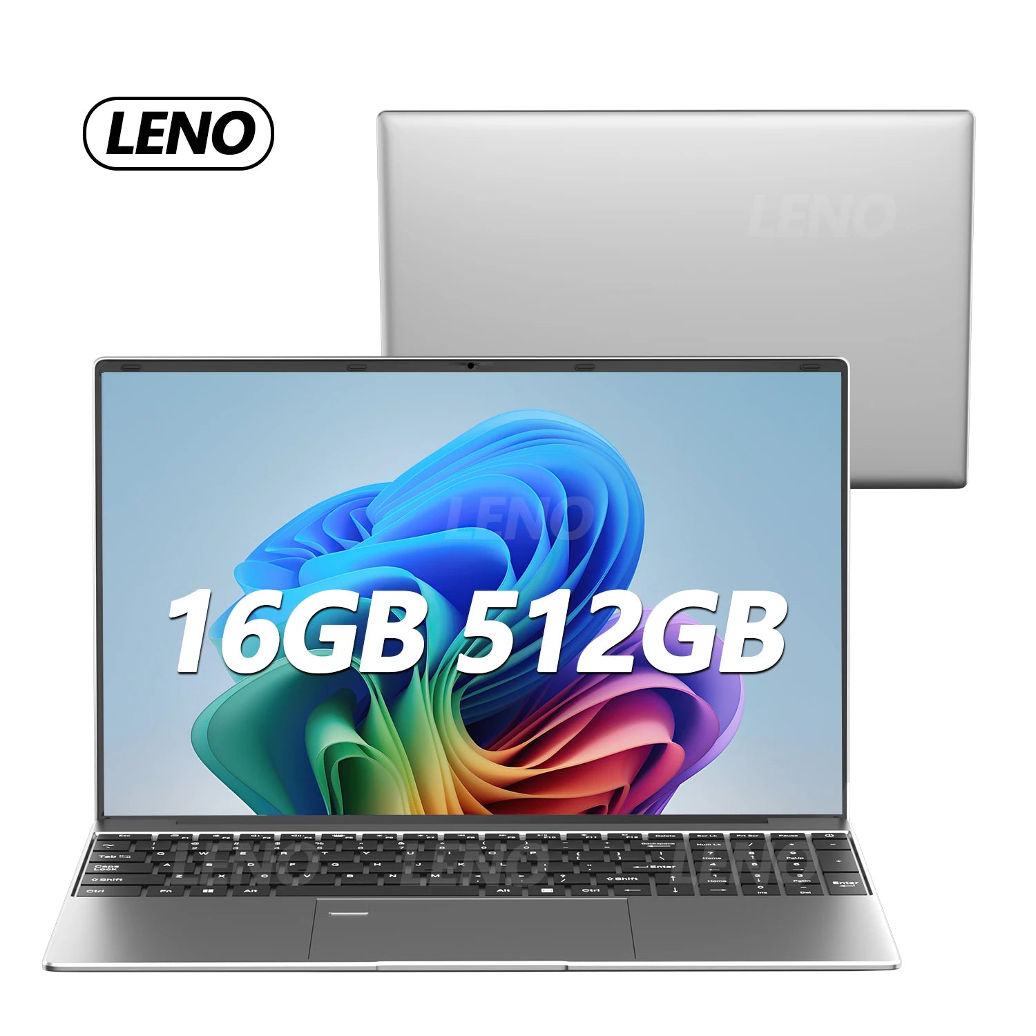 Lenovo laptop with 16GB RAM and 512GB storage on a white background
