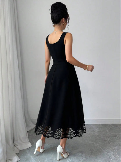 Women's Sleeveless Laser Cut Lace Hem Casual Dress