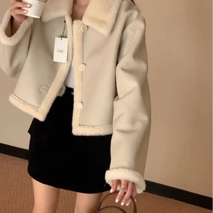 Lamb Velvet ort Puffer Jaet Women's Faion Korean Sle Inteated Fur Coat Warm Stand Fit Tee Button Closure