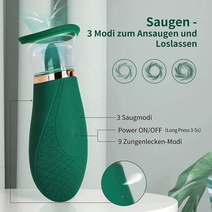 Green electronic device with text and icons on a light gray background