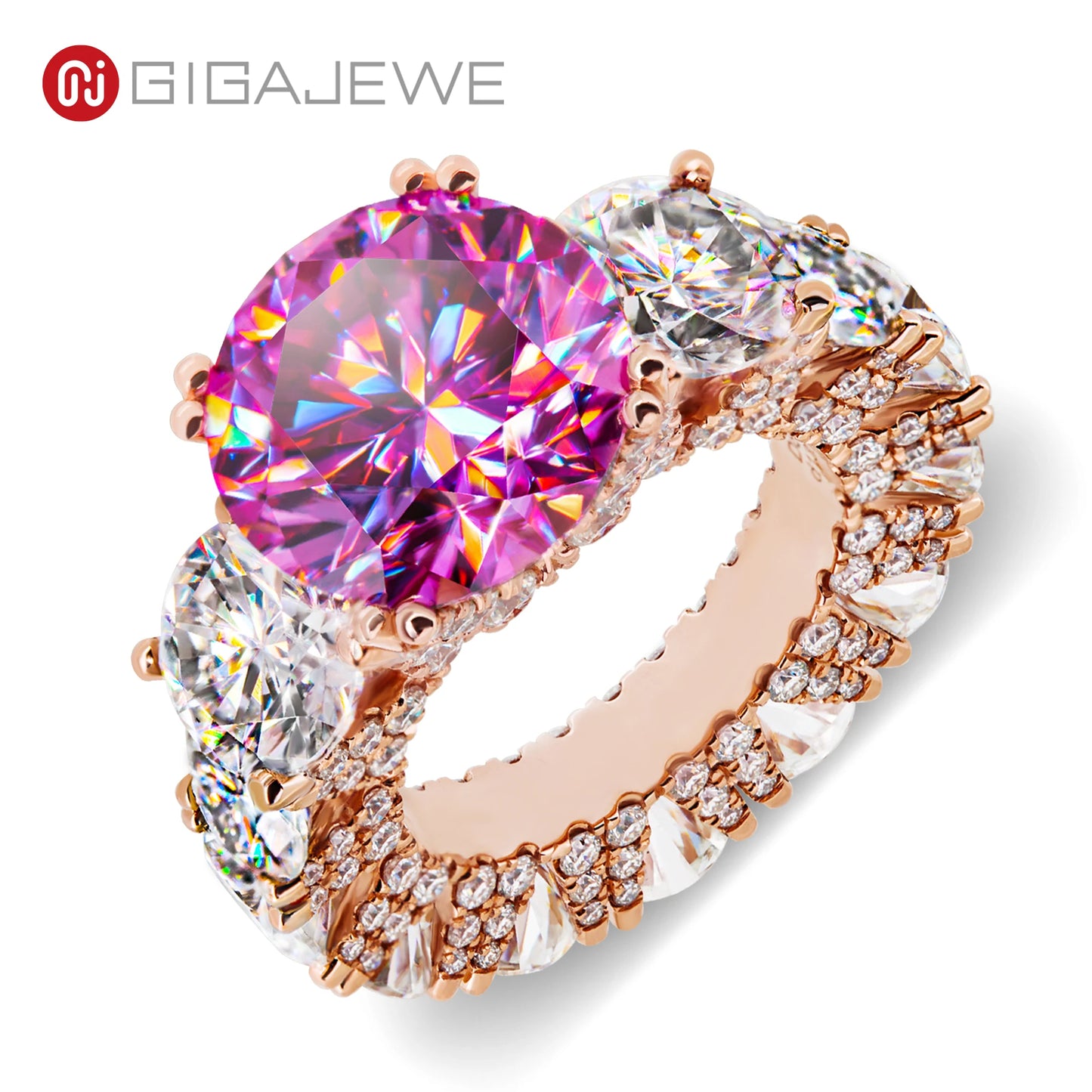 Elegant ring with pink gemstone and rose gold band on a white background, featuring the brand 'GIGAJEWE'.