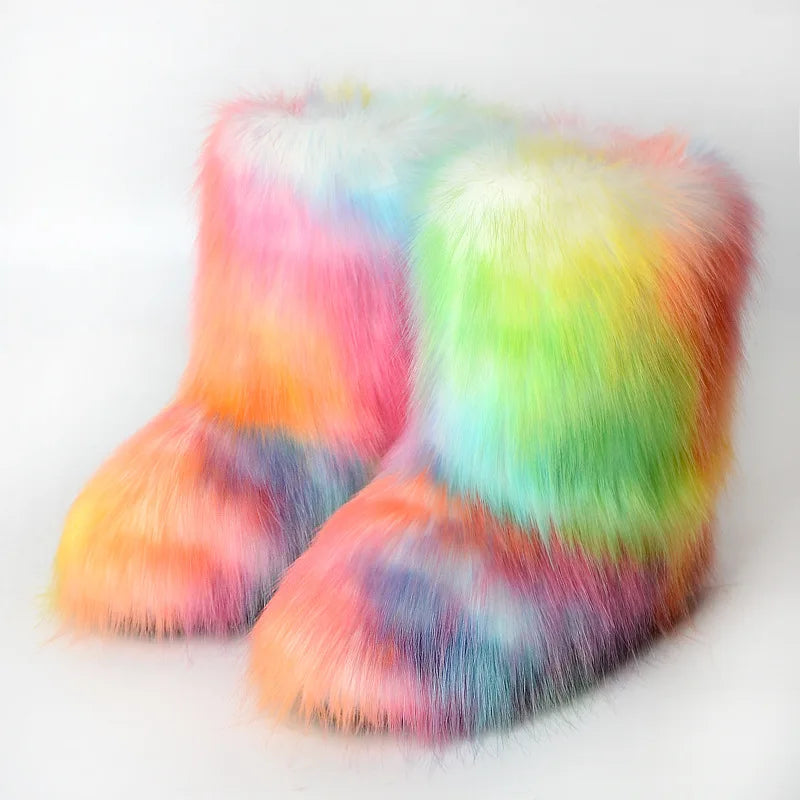Women's Winter Snow Boots Outdoor Luxury Furry Faux Fox Fur Boots Woman Plush Warm Platform Shoes New Fashion Bottes Big Size 46