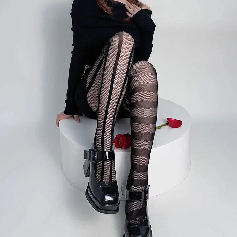 Stripe Asymmetric Tights Women's Pantyhose High Elasticity Lace Hollow Fishnet Sexy Stockings Classic Ladies Gothic Pantyhose
