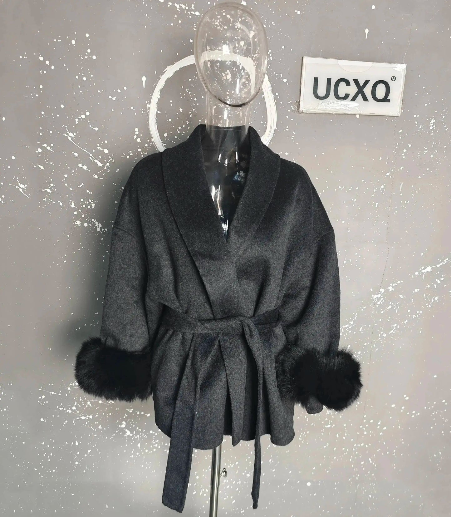 UCXQ Eleganter OL Business-Mantel Pelz-Patchwork Langarm Wollmantel Schöne Damenbekleidung Jacke Herbst 2025 Winter