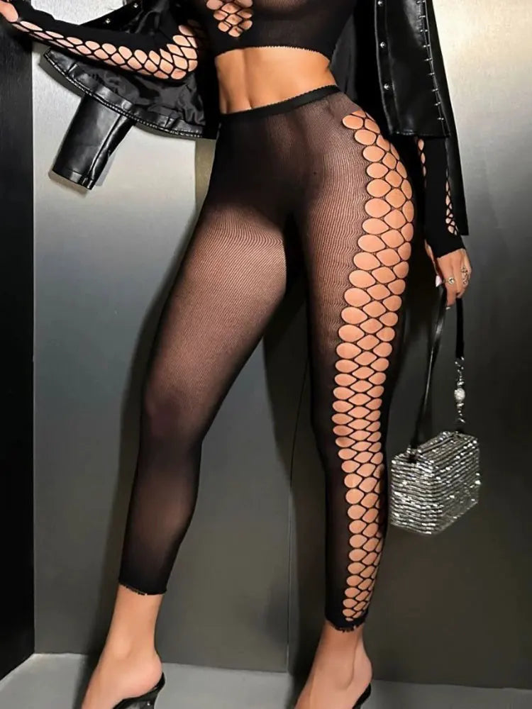 Coffee Black Side Hollow Out Mesh Pantyhose Women's Sexy Striped Vertical Grain Tights JK Breathable Fishnet Stockings