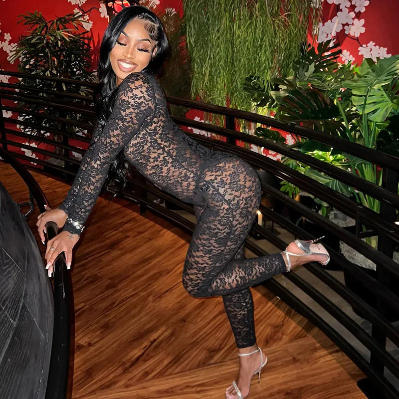 Black Lace Bodysuit | See-Through Long Sleeve Club