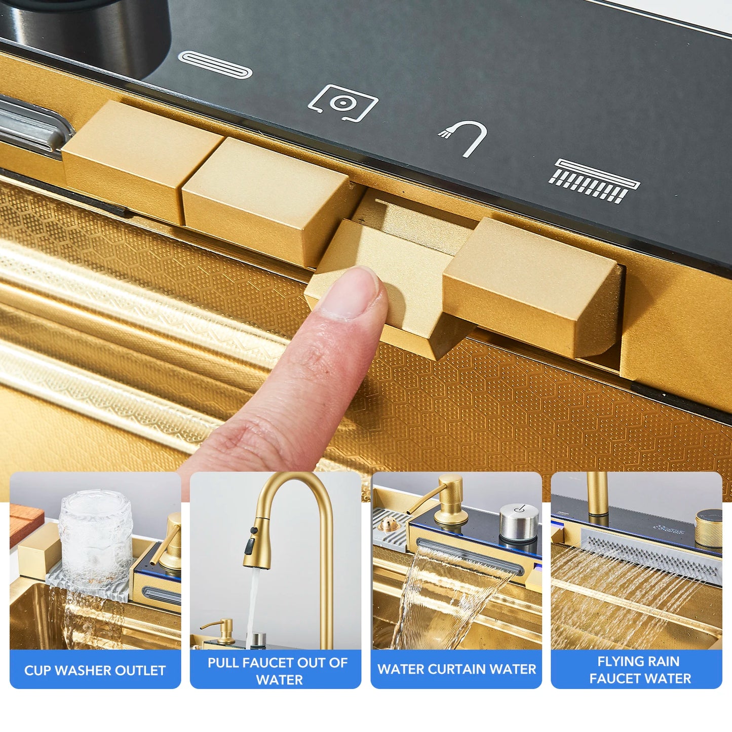 Gold kitchen faucet with various water features and a hand pressing a button.