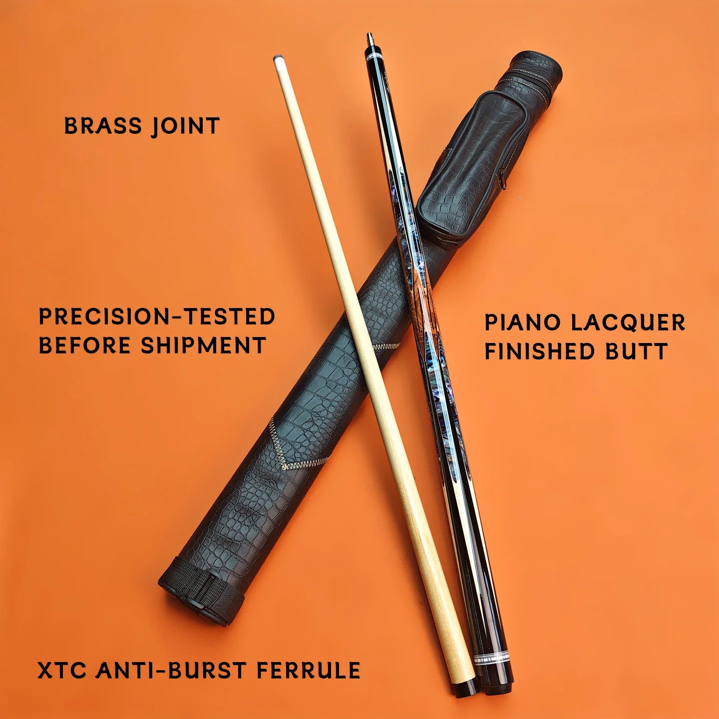 Cue with black case on an orange background, featuring text about product features.