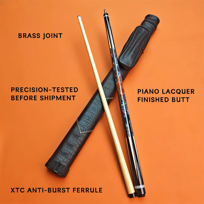 Cue with black case on an orange background, featuring text about product features.