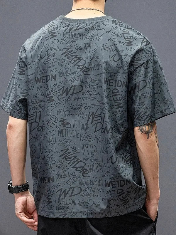 plus Size Men's T-Shirt Short Sleeve Printed Loose Fit Summer Trendy Cotton Polyester Blend round Neck Five-Quarter Sleeve