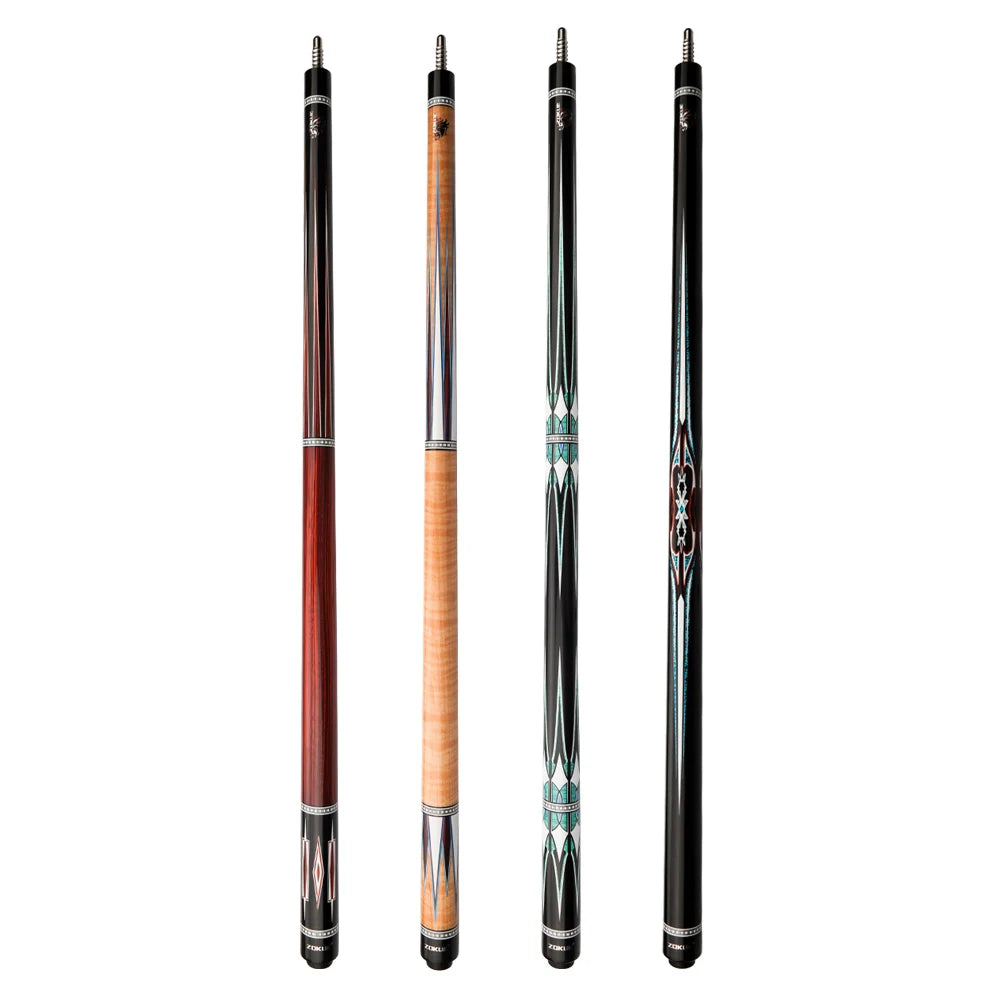 Four pool cues of different designs and colors on a white background