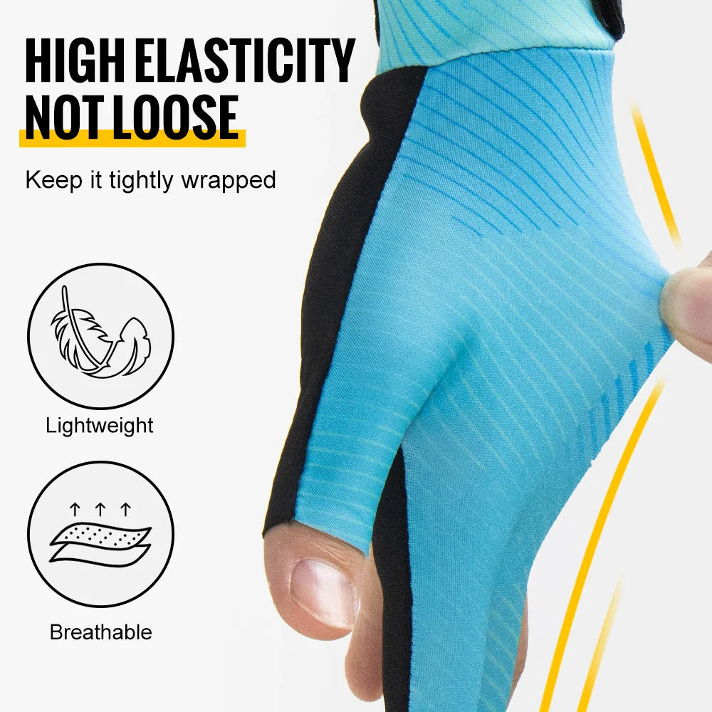 Close-up of a blue compression garment with text highlighting its features on a white background.