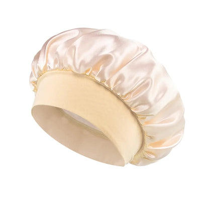 Damen Satin Haube Schlafhaube Haarpflege Seidenhaube Einfarbige breitkrempige Schlafhaube mit elastischem weichen Band