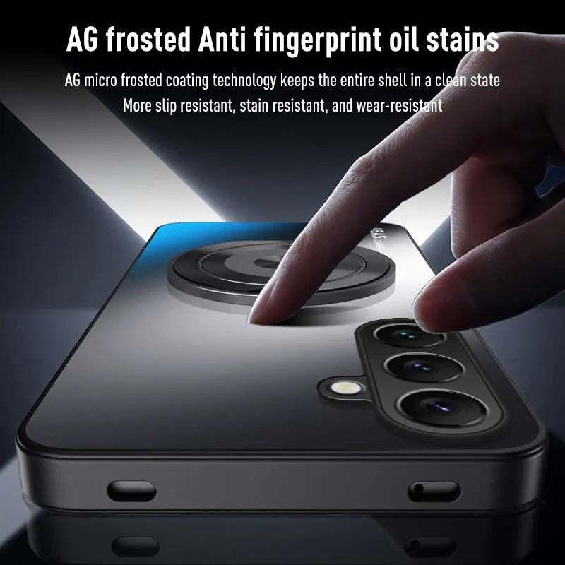 Phone case with AG frosted anti-fingerprint oil stains feature, showing a finger touching the surface.