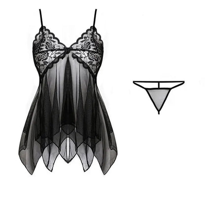 Tulle Suspenders Exquisite Women's Lencerias Lace V-Neck Underwear Semi-transparent Thong Dress Set Females Lingerie Nightgowns