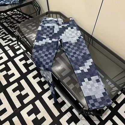 Mosaic Checkered Jeans Unisex Straight Loose Fit
